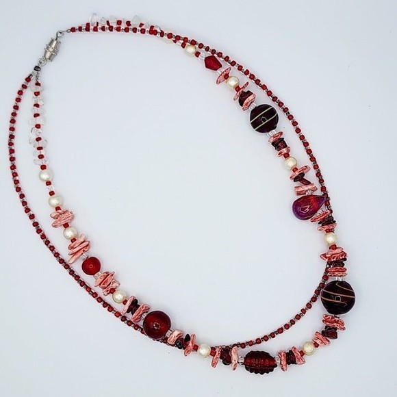 Murano Style Art Glass & Sea Shell Necklace 17"  Double Strand Seed Bead Pearls - Picture 1 of 4